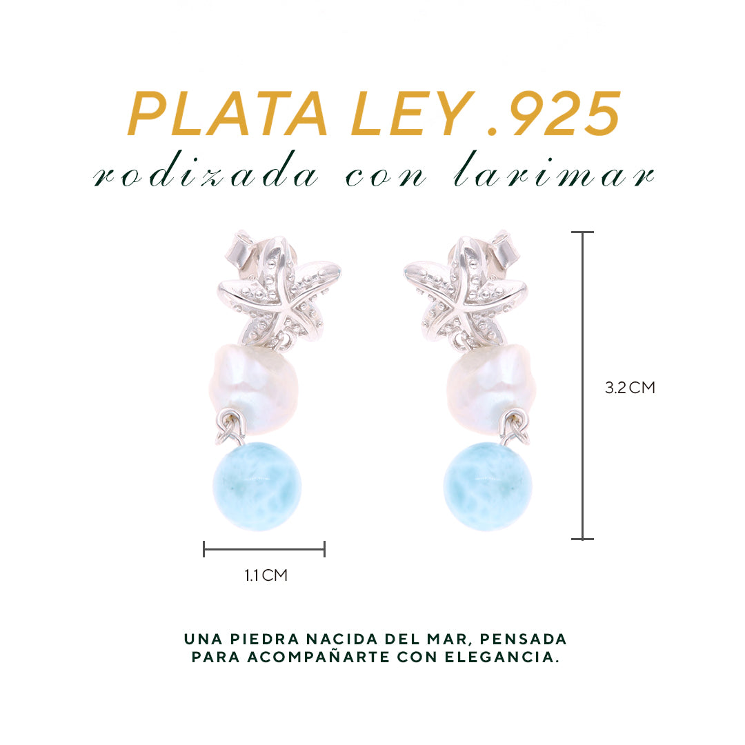 Aretes Perla y Larimar en Plata.925