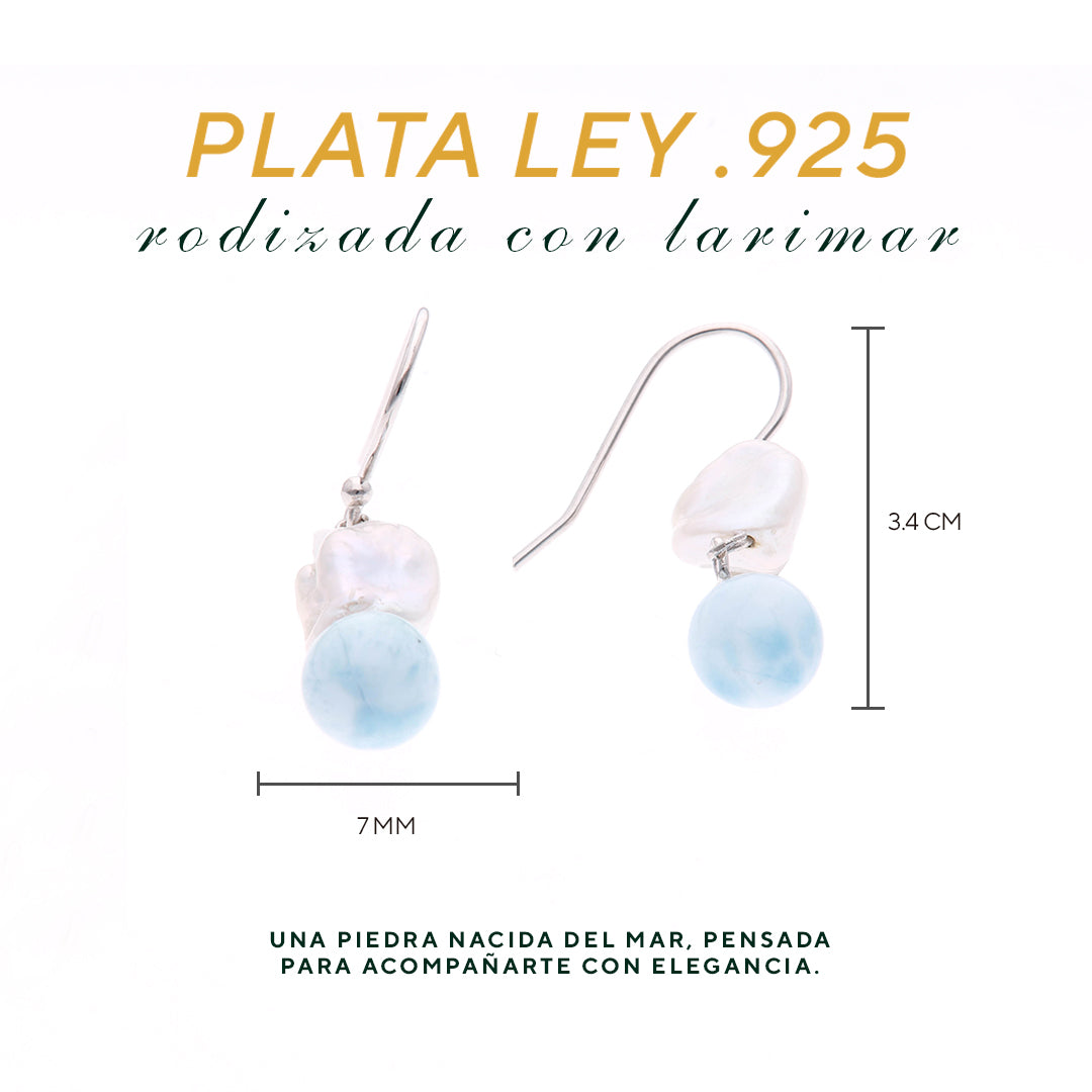 Arete Colgante Perla y Larimar en Plata.925