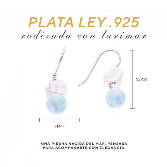 Arete Colgante Perla y Larimar en Plata.925