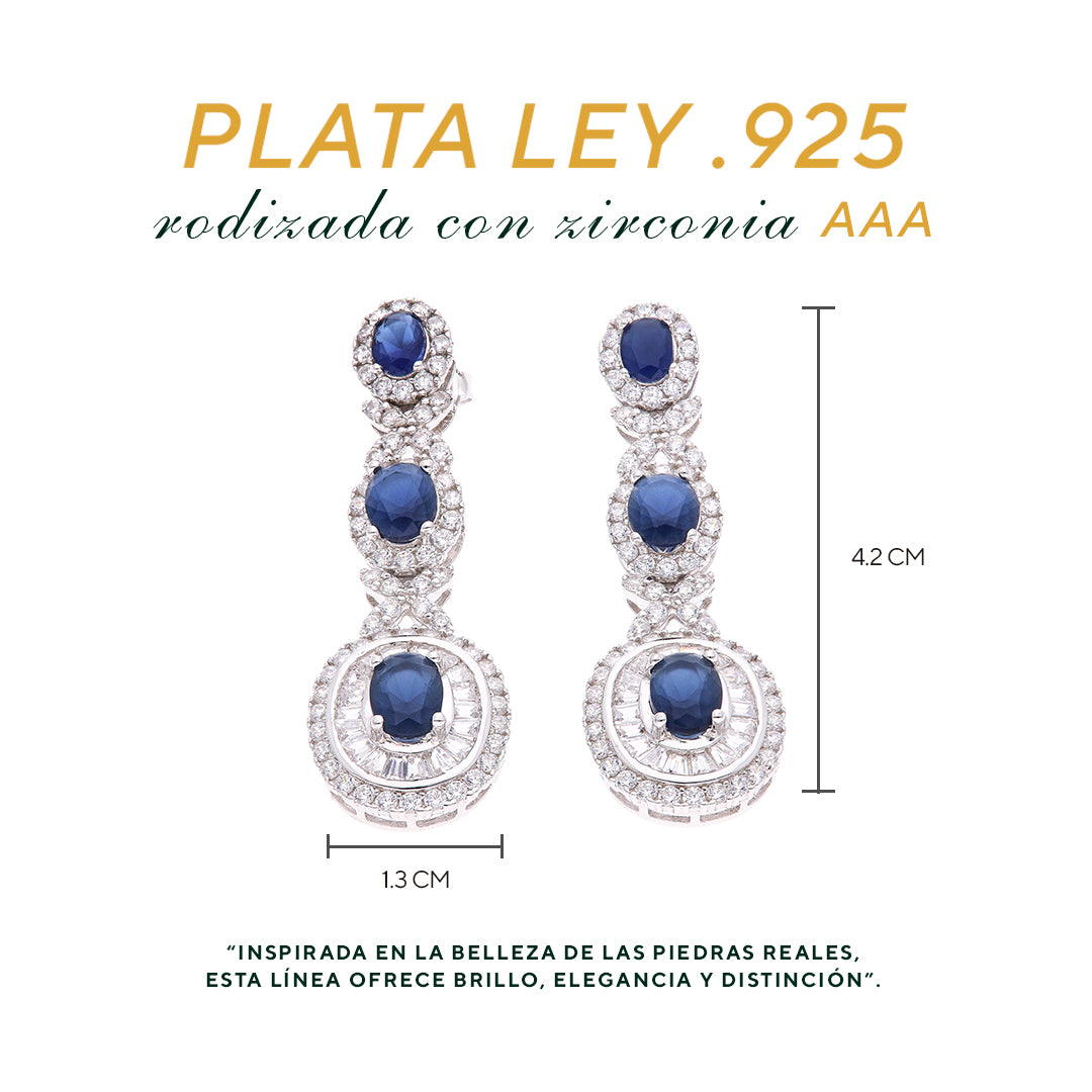 Aretes Plata Ley 925 con Rodio y Zirconia AAA Color Azul Zafiro y Blanco Ovalado