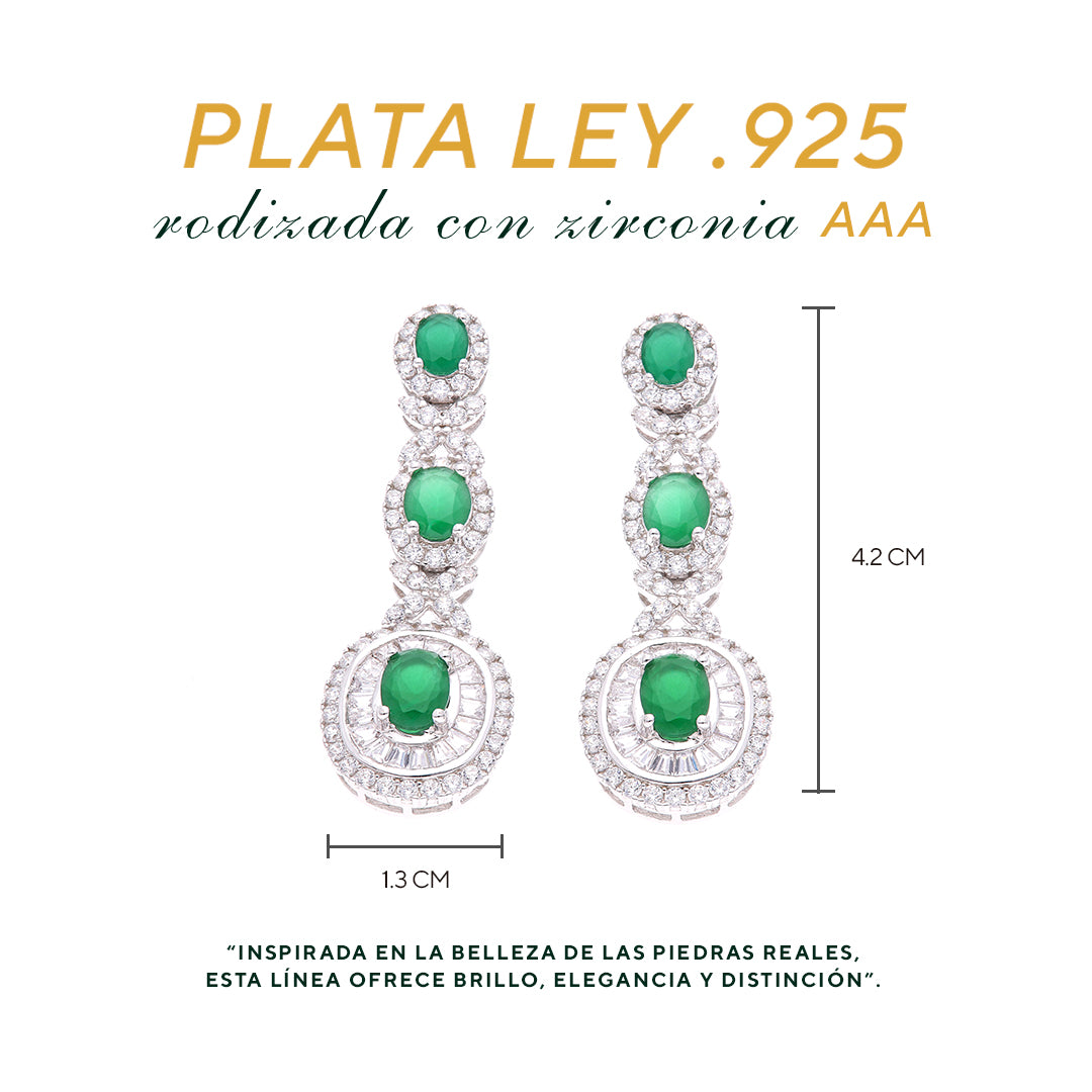 Aretes Plata Ley 925 con Rodio y Zirconia AAA Color Verde Esmeralda y Blanco Ovalado