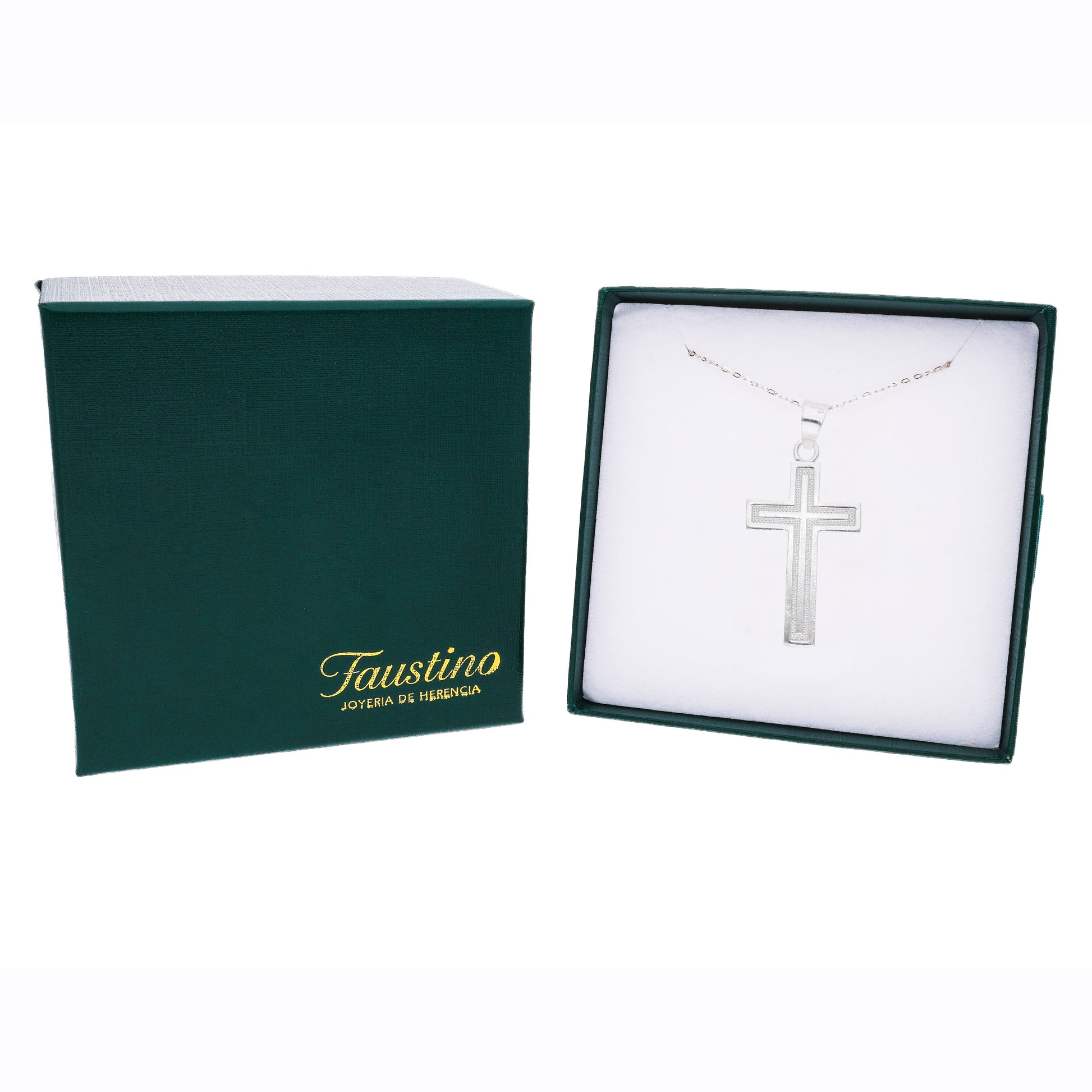 Dije cruz diamantada plata .925 en caja Faustino Joyería de Herencia