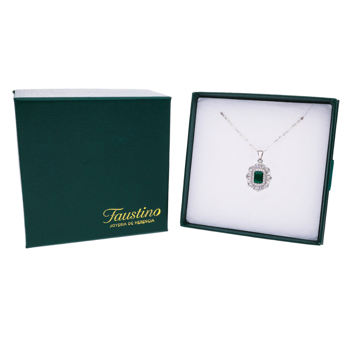 Dije Flor Art Déco con Esmeralda Corte Esmeralda y Zircones Baguette — Plata .925