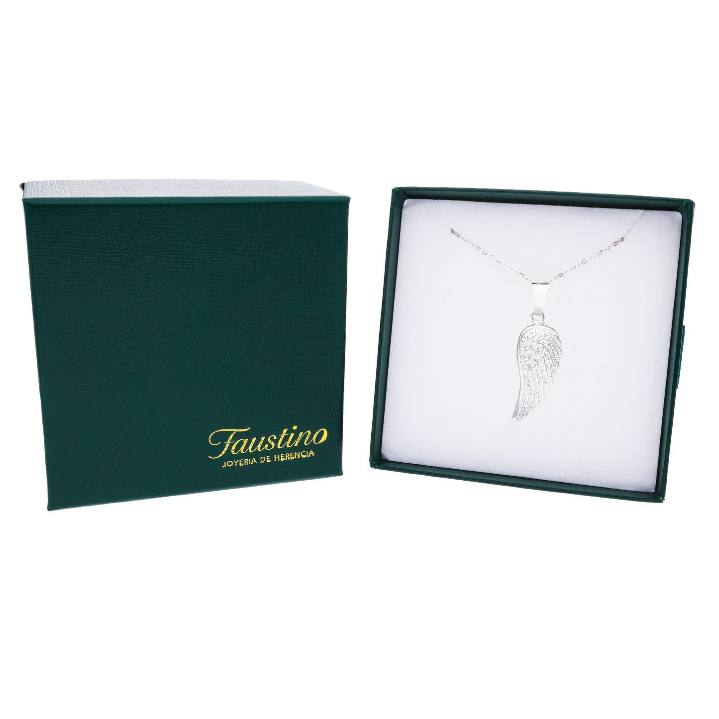 Dije ala de ángel plumas grabadas plata .925 en caja Faustino Joyería de Herencia