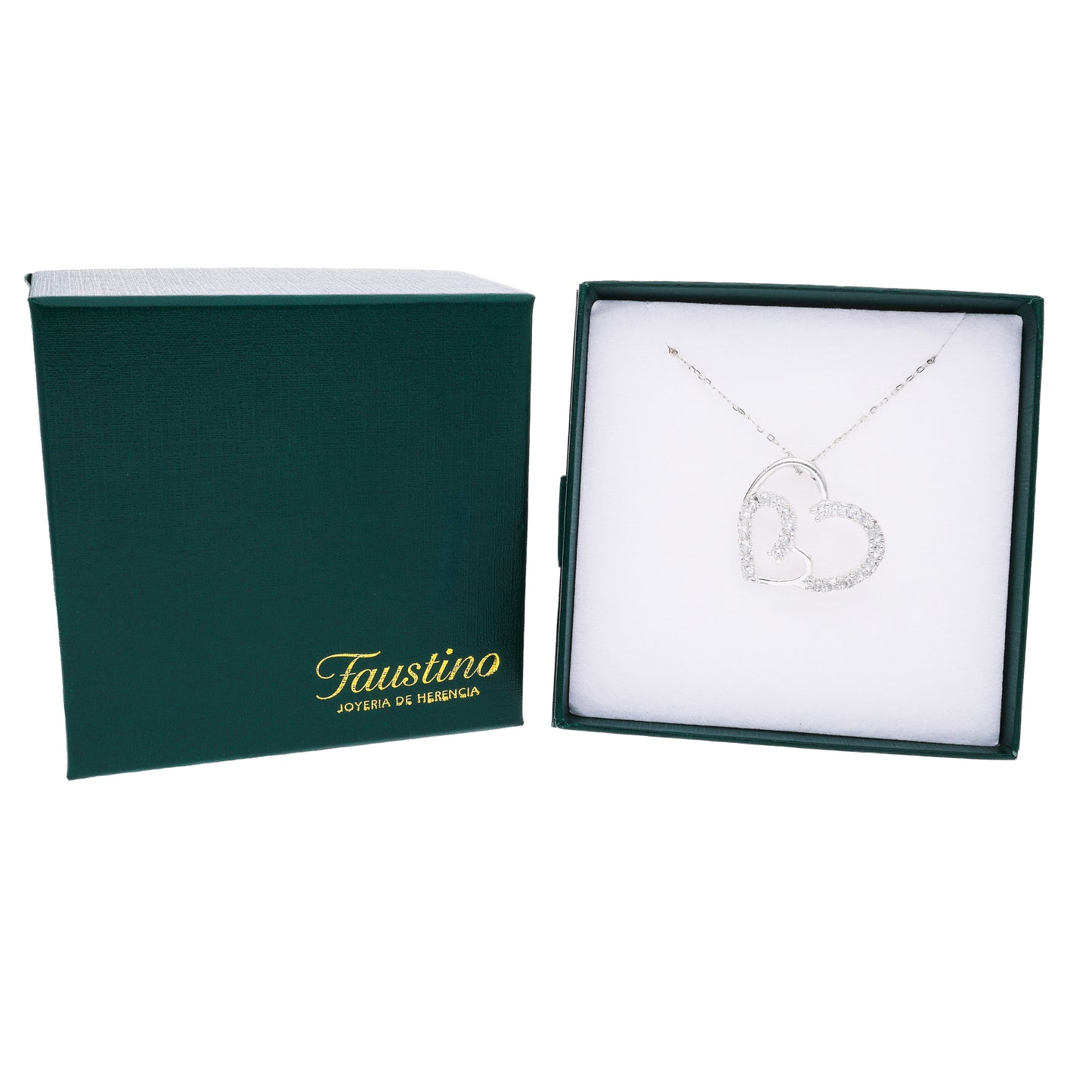 Dije doble corazón entrelazado pavé plata .925 en caja Faustino Joyería de Herencia