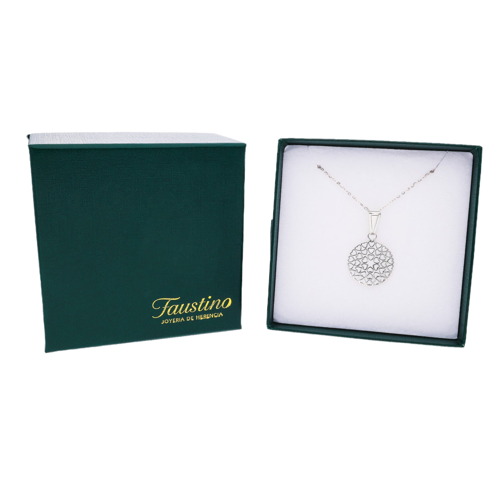 Dije medallón circular calado corazones plata .925 en caja Faustino Joyería de Herencia