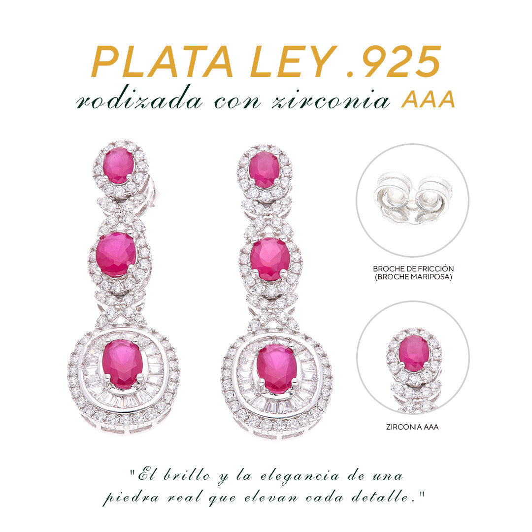 Aretes Plata Ley 925 con Rodio y Zirconia AAA Color Rojo Rubí y Blanco Ovalado