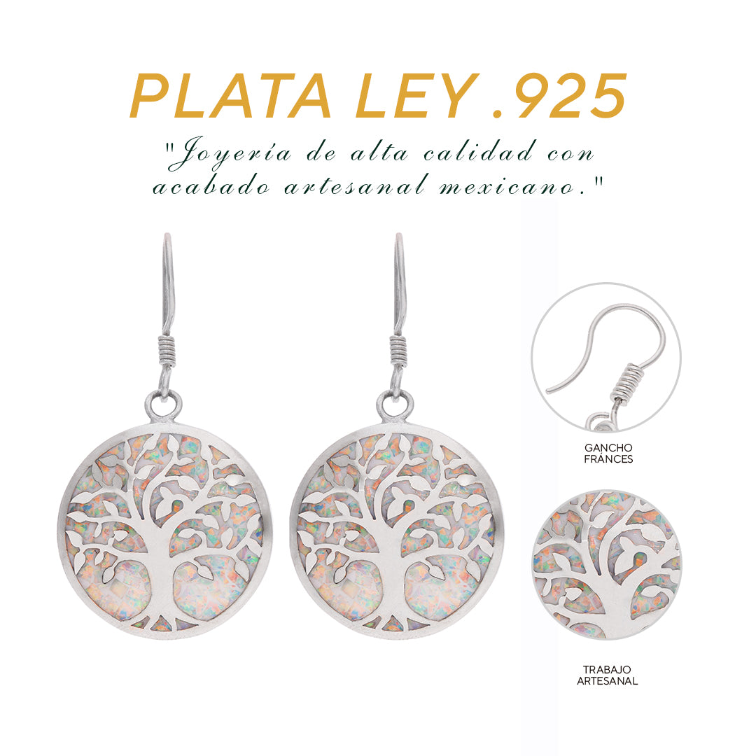 Detalle del gancho francés y trabajo artesanal calado — Aretes Árbol de la Vida ópalo blanco plata .925