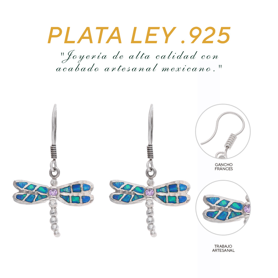 Aretes Libélula con Ópalo Azul y Zirconia Lila — Plata Esterlina .925