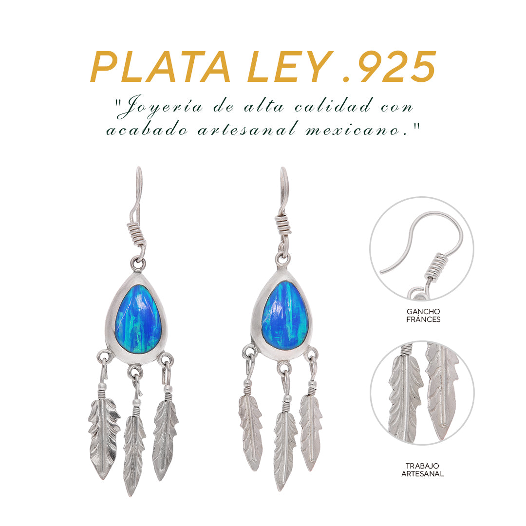 Aretes Gota de Ópalo Azul con Plumas — Plata Esterlina .925