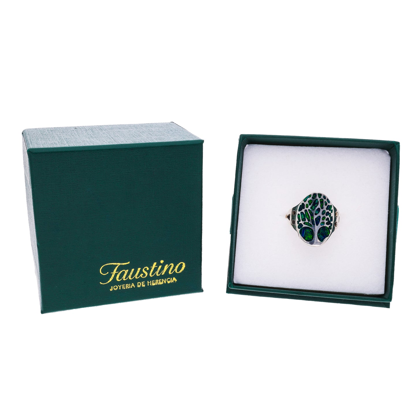 Anillo Sello Árbol de la Vida con Ópalo Verde y Zirconias — Plata Esterlina .925