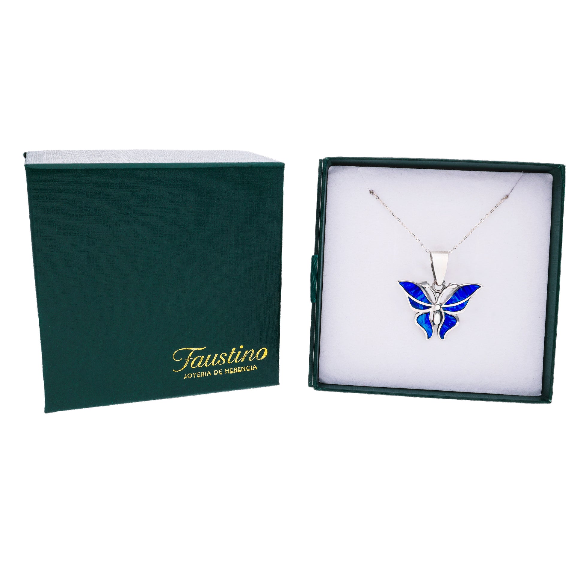 Dije Mariposa con ópalo azul intenso en caja con cadena — Faustino Joyería de Herencia