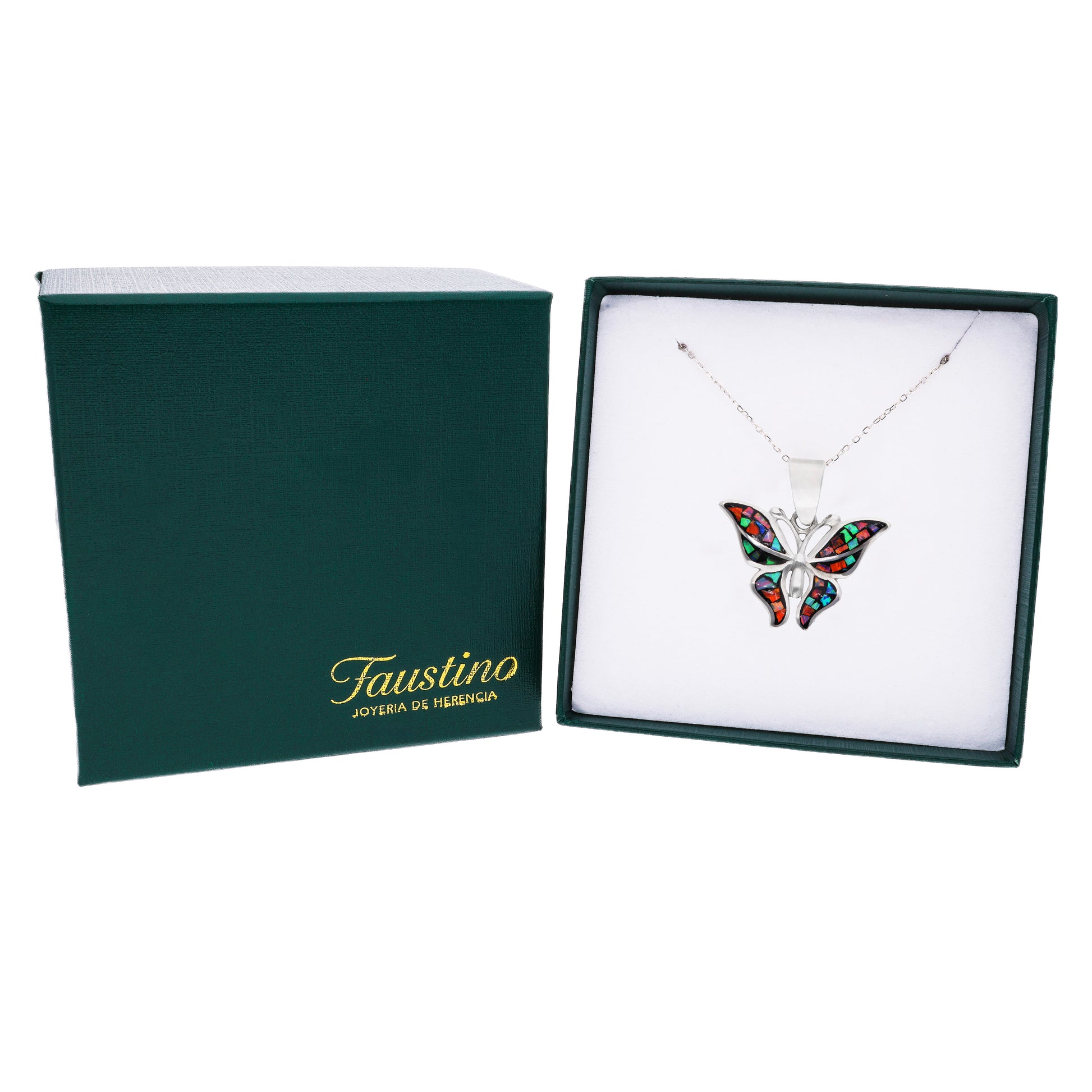 Dije Mariposa con ópalo negro multicolor en caja con cadena — Faustino Joyería de Herencia