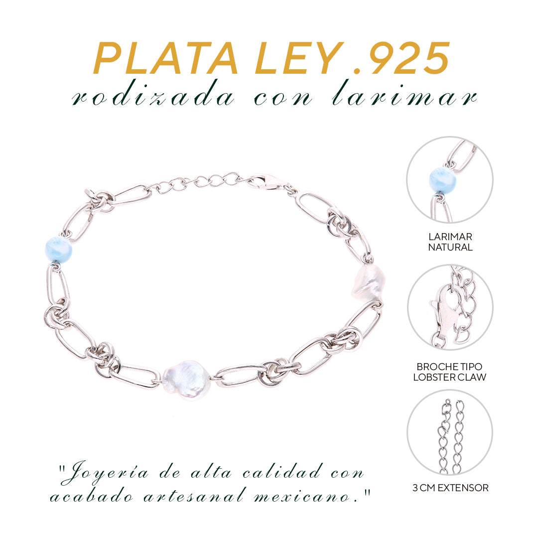 Pulsera Clásica Eslabones Larimar Plata.925