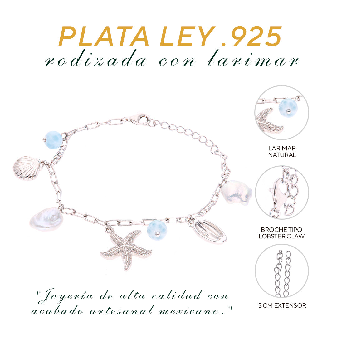 Pulsera Marina con Dijes de Larimar en Plata.925
