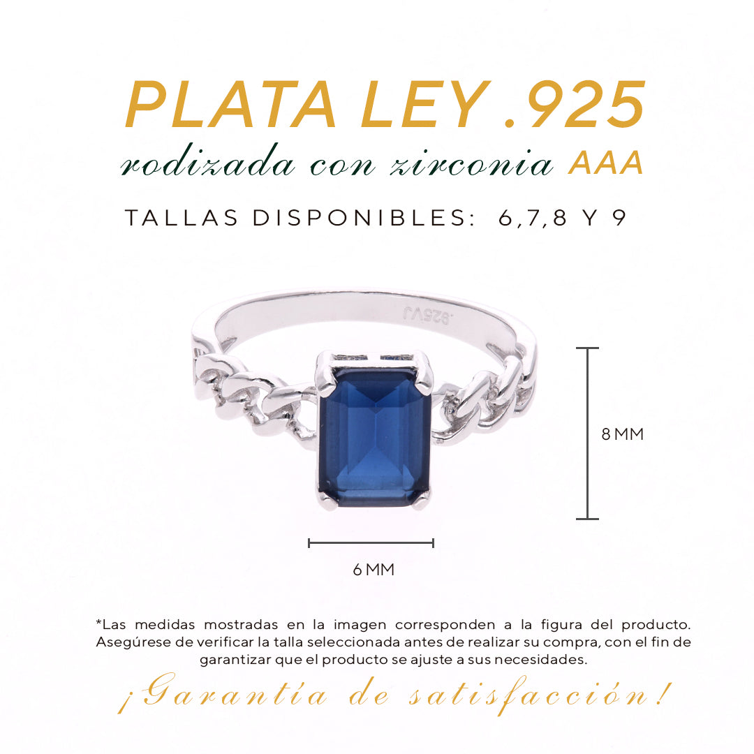 ANILLO EN PLATA LEY .925, CON RODIO , ZIRCONIA AAA AZUL ZAFIRO Y BLANCO