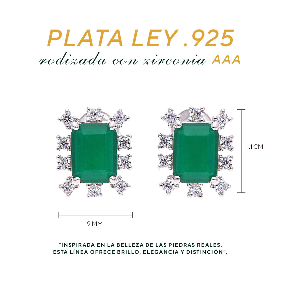 Broquel Plata Ley 925 con Rodio y Zirconia AAA Color Verde Esmeralda y Blanco Corte Rectangular