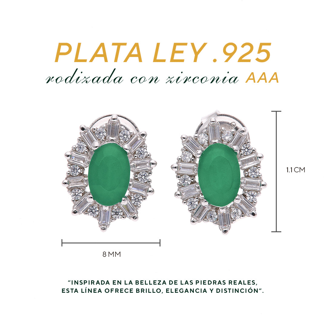 Broquel Plata Ley 925 con Rodio y Zirconia AAA Color Verde Esmeralda y Blanco Ovalado