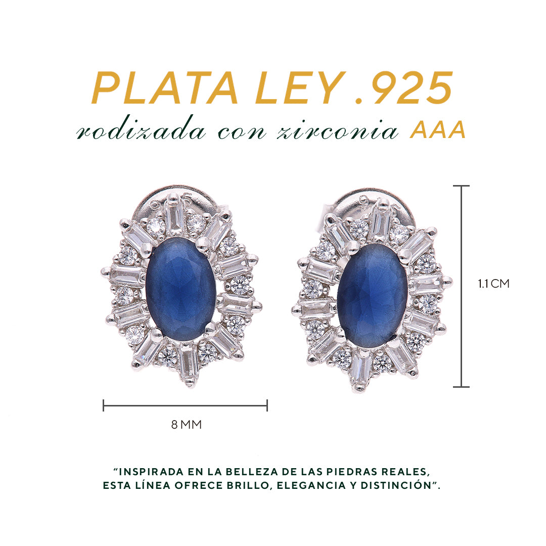 Broquel Plata Ley 925 con Rodio y Zirconia AAA Color Azul Zafiro y Blanco Ovalado