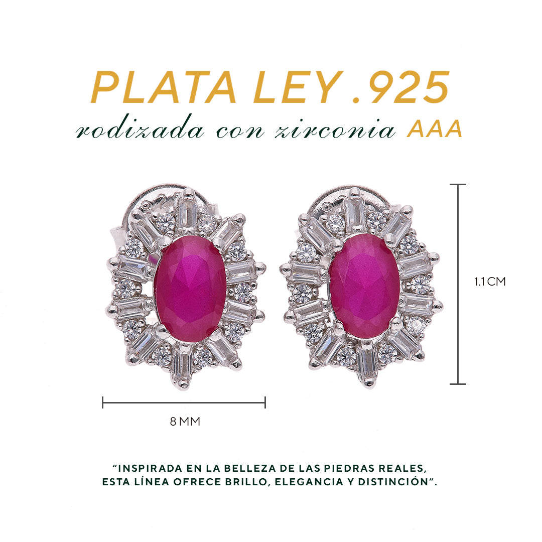 Broquel Plata Ley 925 con Rodio y Zirconia AAA Color Rojo Rubí y Blanco Ovalado