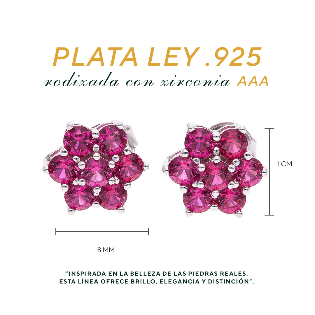 BROQUEL EN PLATA LEY .925, CON RODIO , ZIRCONIA AAA ROJO RUBI Y BLANCO
