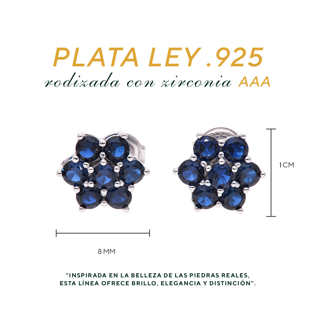 ARETES EN PLATA LEY .925, CON RODIO , ZIRCONIA AAA AZUL ZAFIRO Y BLANCO  , EN FORMA DE FLOR