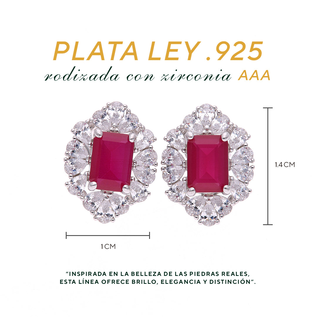Broquel Plata Ley 925 con Rodio y Zirconia AAA Color Rojo Rubí y Blanco