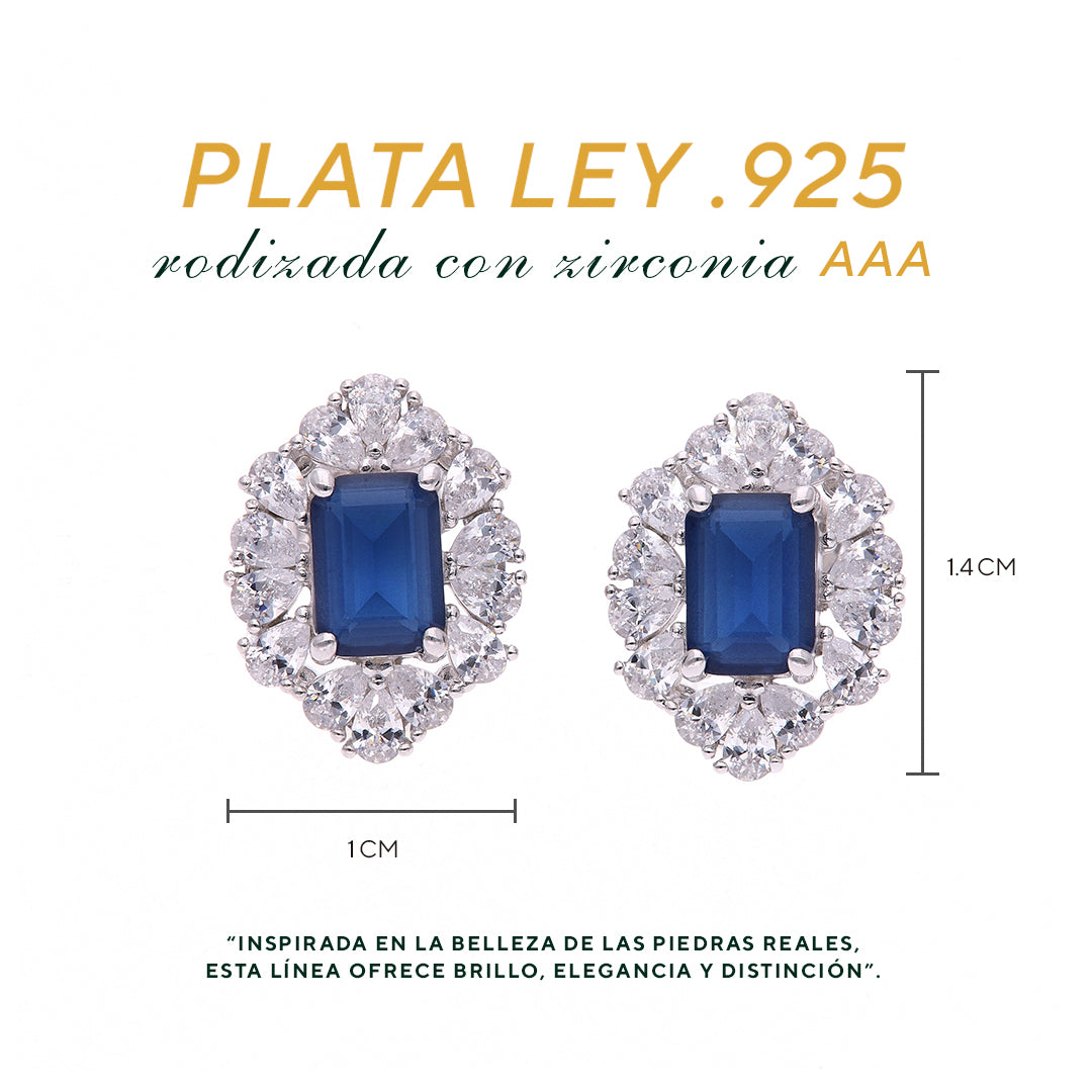 BROQUELES EN PLATA LEY .925, CON RODIO , ZIRCONIA AAA AZUL ZAFIRO Y BLANCO