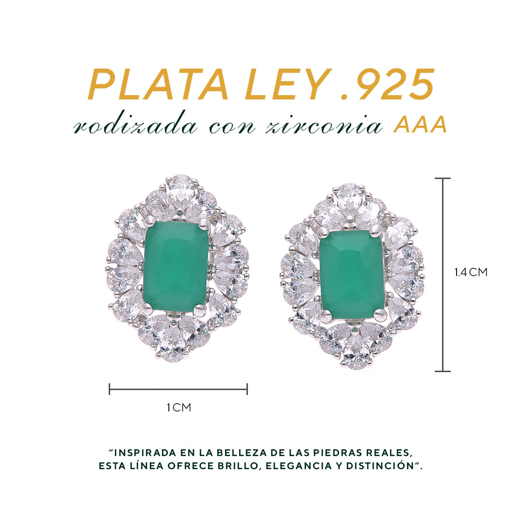 Broquel Plata Ley 925 con Rodio y Zirconia AAA Color Verde Esmeralda y Blanco