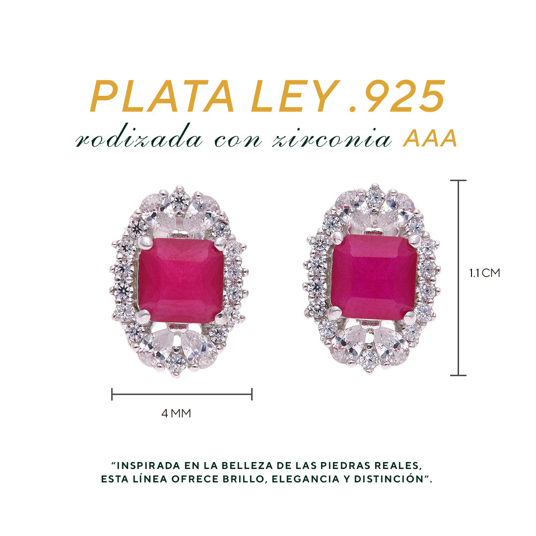 BROQUEL  EN PLATA LEY .925, CON RODIO , ZIRCONIA AAA ROJO RUBI Y BLANCO