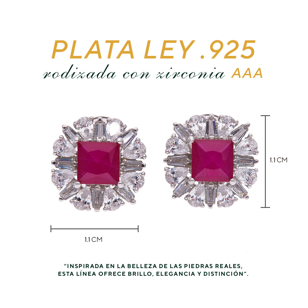 Broquel Plata Ley 925 con Rodio y Zirconia AAA Color Rojo Rubí y Blanco