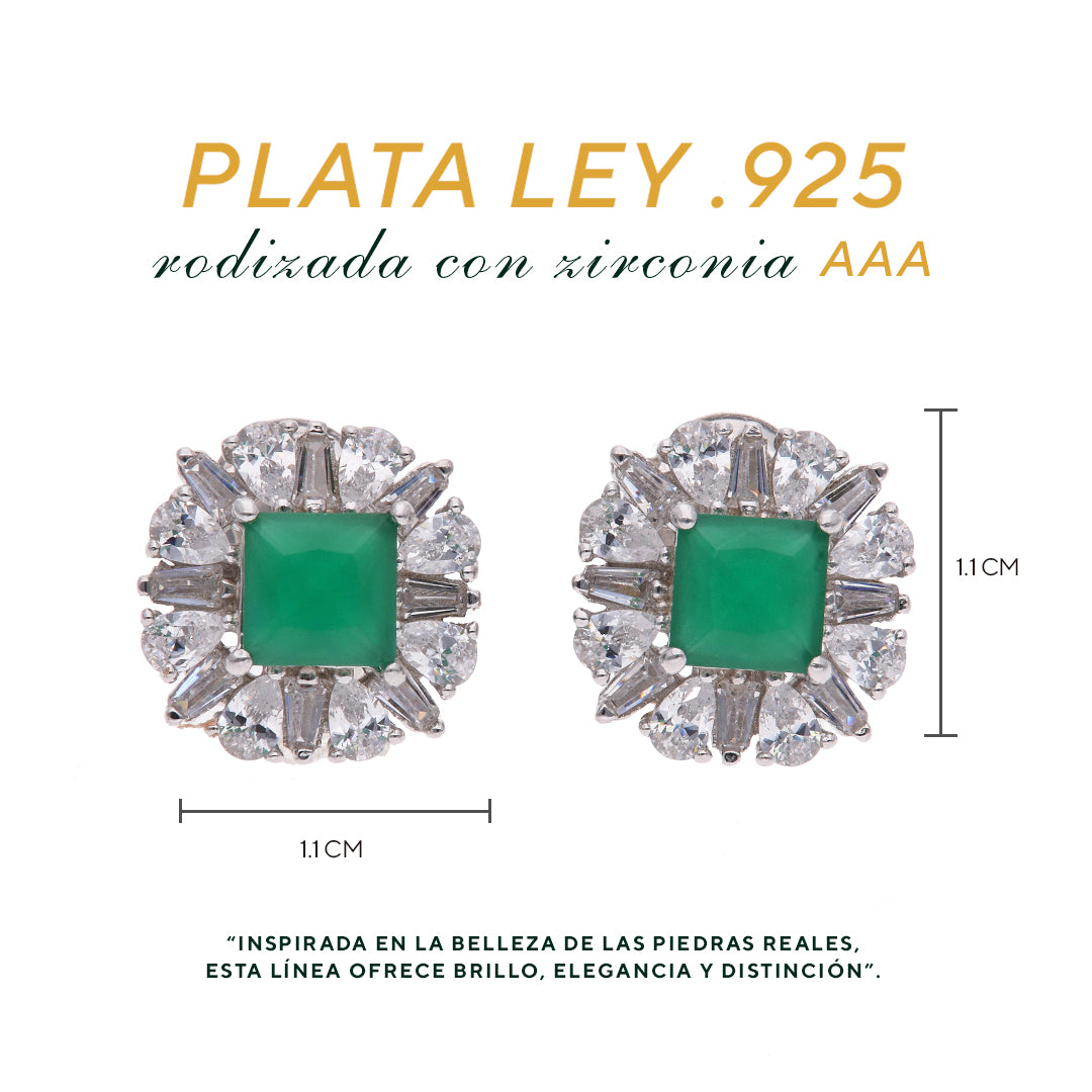 Broquel Plata Ley 925 con Rodio y Zirconia AAA Color Verde Esmeralda y Blanco