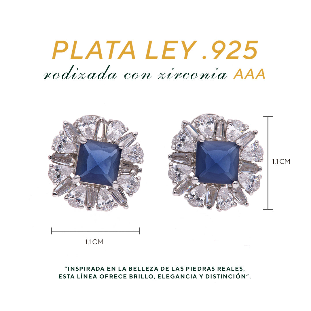 Broquel Plata Ley 925 con Rodio y Zirconia AAA Color Azul Zafiro y Blanco
