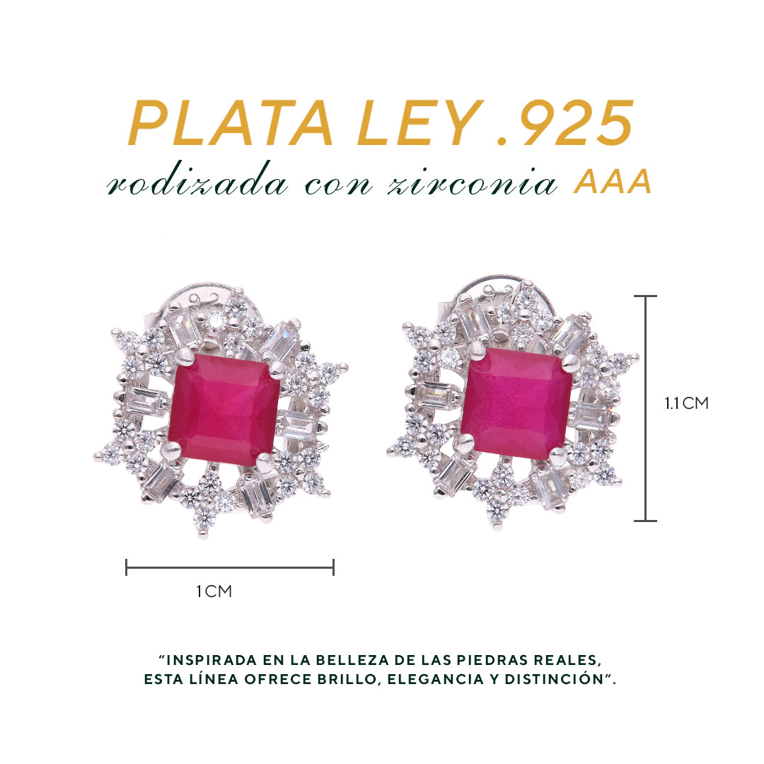BROQUEL  EN PLATA LEY .925, CON RODIO ,  ZIRCONIA  AAA  ROJO RUBI Y BLANCO