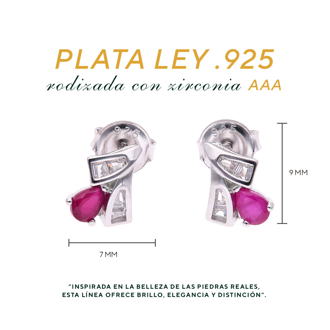 BROQUEL EN PLATA LEY .925, CON RODIO , ZIRCONIA AAA ROJO RUBI Y BLANCO