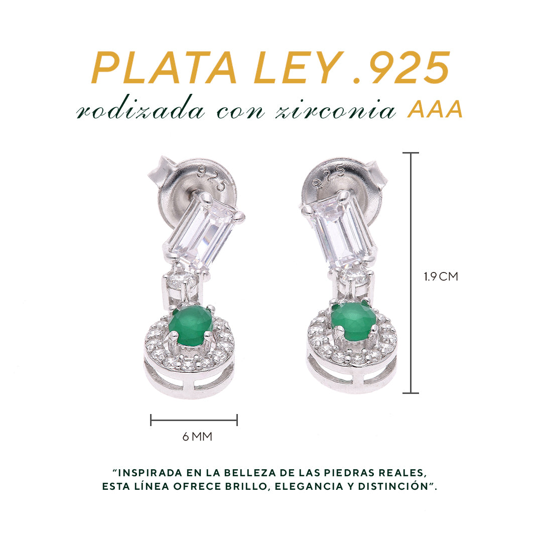 Aretes Plata Ley 925 con Rodio y Zirconia AAA Color Verde Esmeralda y Blanco
