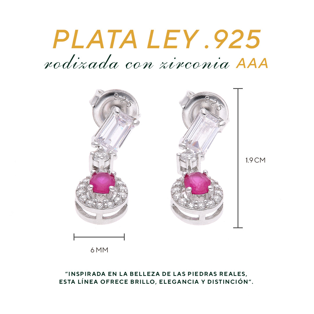 Aretes Plata Ley 925 con Rodio y Zirconia AAA Color Rojo Rubí y Blanco