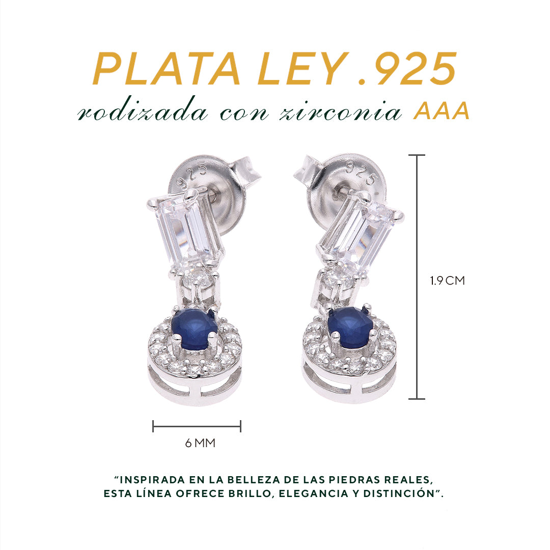 Aretes Plata Ley 925 con Rodio y Zirconia AAA Color Azul Zafiro y Blanco Ovalado
