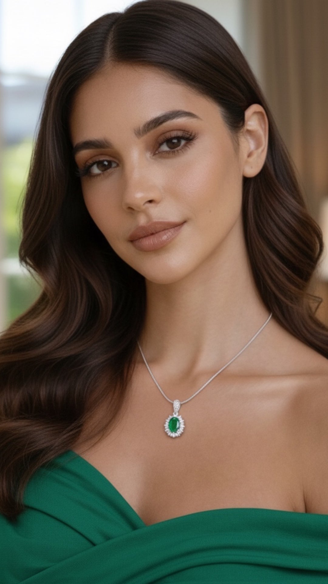Dije Plata Ley 925 con Rodio y Zirconia AAA Color Verde Esmeralda y Blanco Ovalado