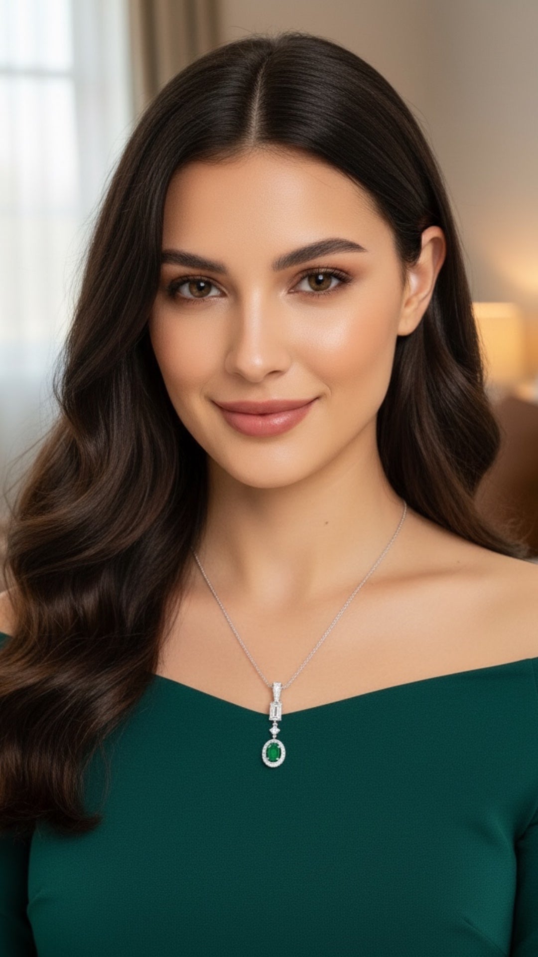 Dije Plata Ley 925 con Rodio y Zirconia AAA Color Verde Esmeralda y Blanco Ovalado