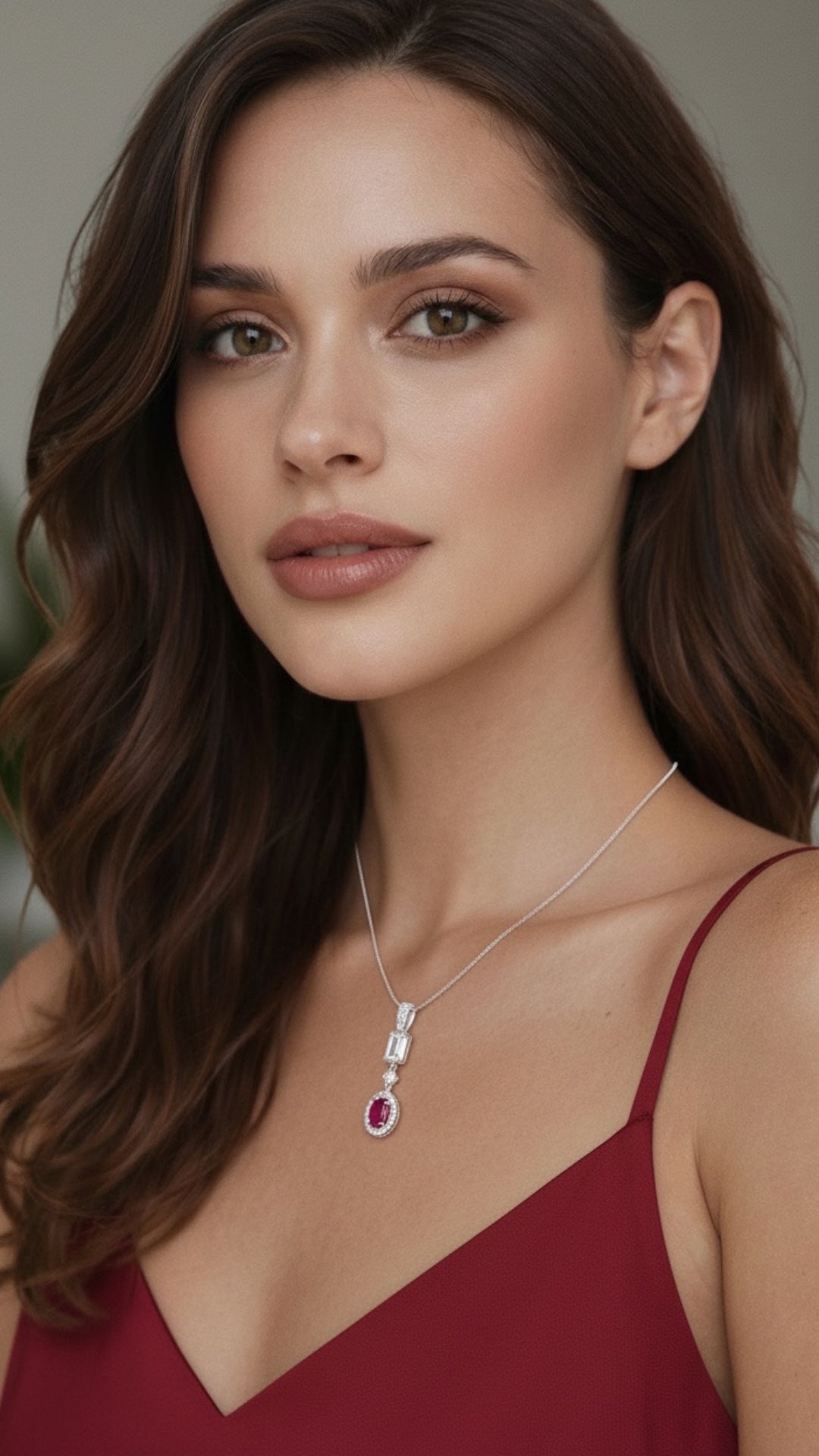 Dije Plata Ley 925 con Rodio y Zirconia AAA Color Rojo Rubí y Blanco Ovalado