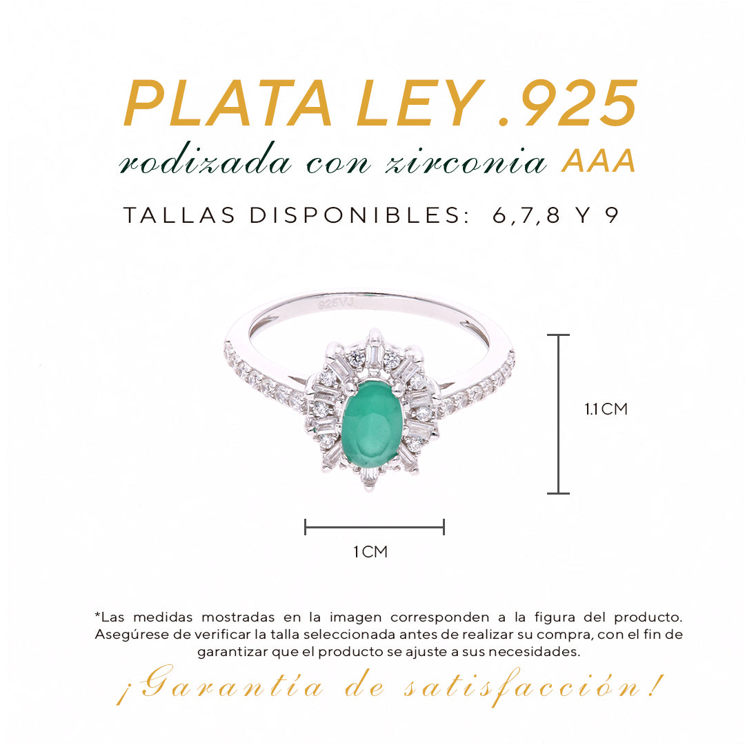 Anillo Plata Ley 925 con Rodio y Zirconia AAA Color Verde Esmeralda y Blanco Ovalado