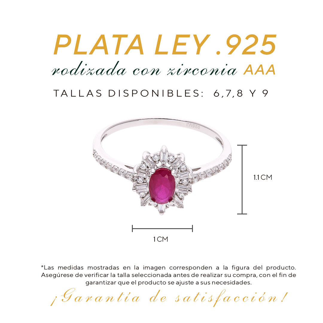 Anillo Plata Ley 925 con Rodio y Zirconia AAA Color Rojo Rubí y Blanco Ovalado