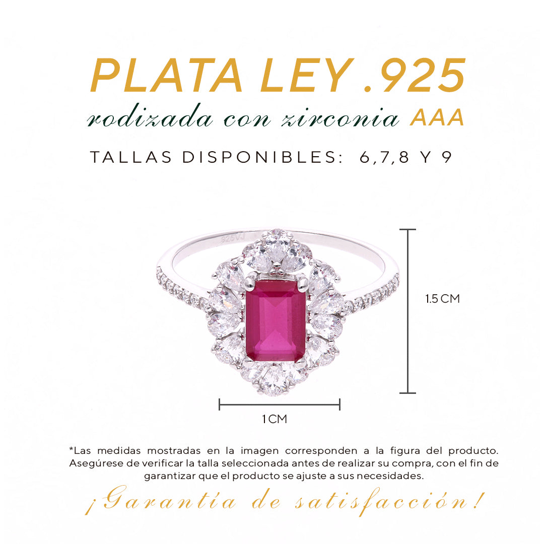 Anillo Plata Ley 925 con Rodio y Zirconia AAA Color Rojo Rubí y Blanco