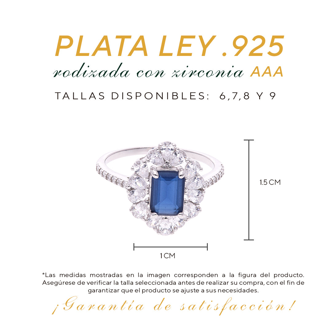 Anillo Plata Ley 925 con Rodio y Zirconia AAA Color Azul Zafiro y Blanco