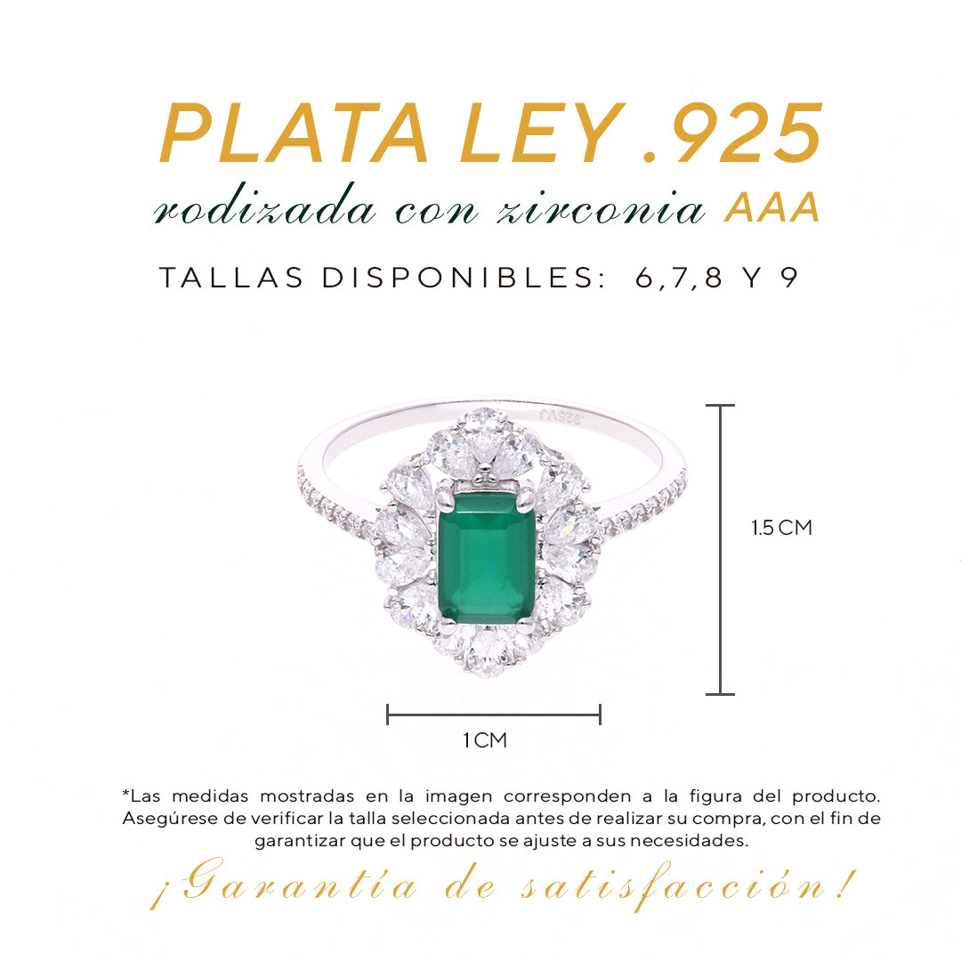 Anillo Plata Ley 925 con Rodio y Zirconia AAA Color Verde Esmeralda y Blanco
