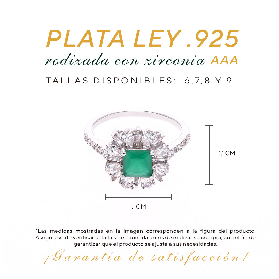 Anillo Plata Ley 925 con Rodio y Zirconia AAA Color Verde Esmeralda y Blanco