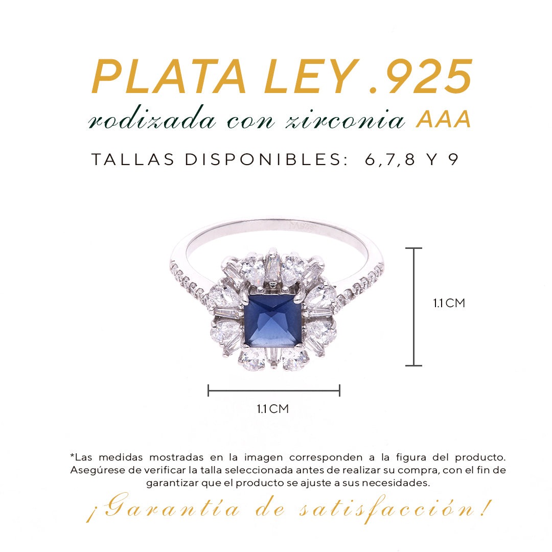 Anillo Plata Ley 925 con Rodio y Zirconia AAA Color Azul Zafiro y Blanco