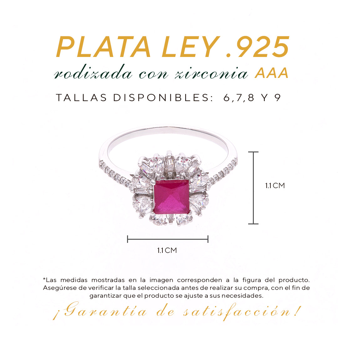 Anillo Plata Ley 925 con Rodio y Zirconia AAA Color Rojo Rubí y Blanco