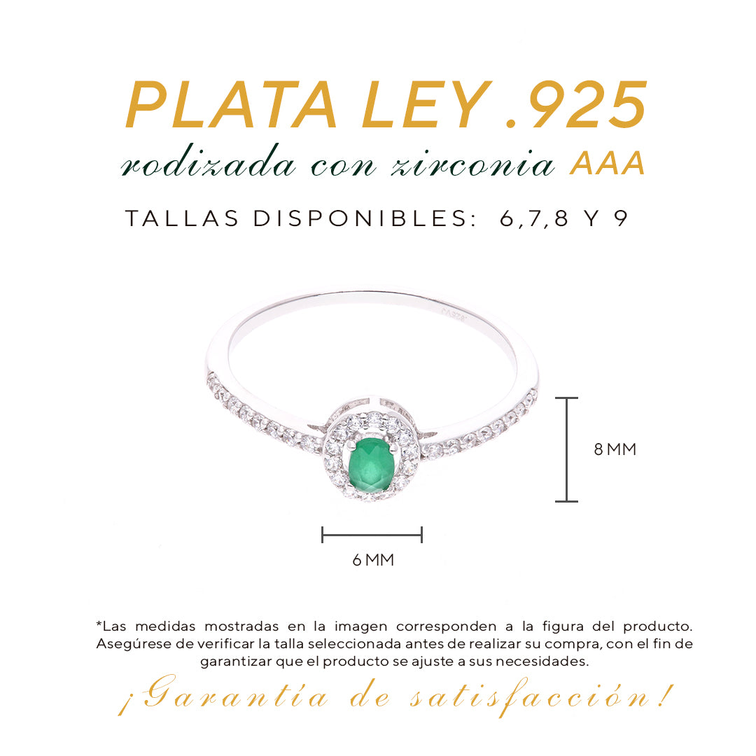 Anillo Plata Ley 925 con Rodio y Zirconia AAA Color Verde Esmeralda y Blanco